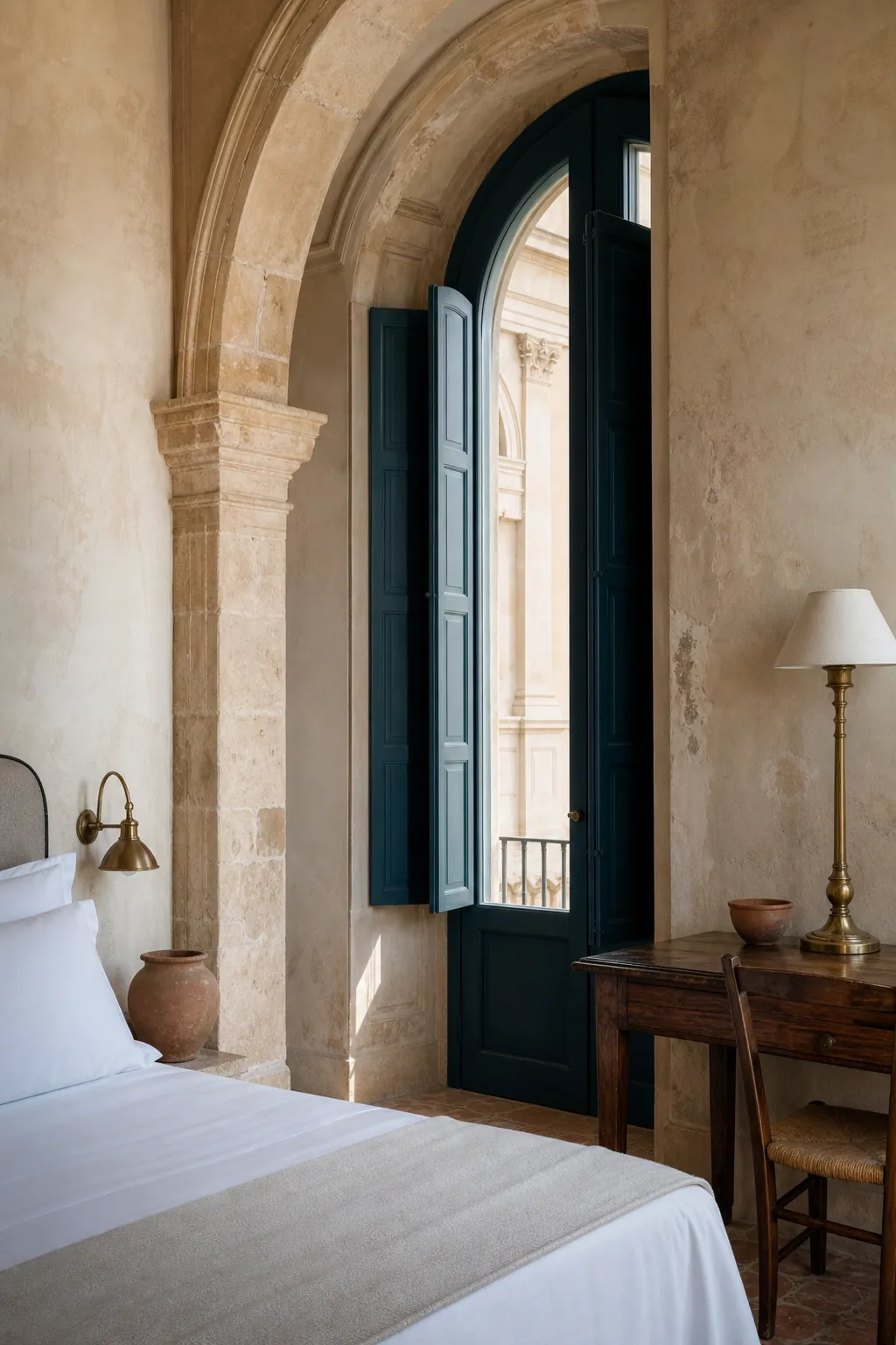 A bedroom under a stone arch, blue shutters half open onto the street, a brass lamp beside white linen